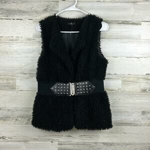 MCM womens petite small black faux fur sweater vest with built in belt lined